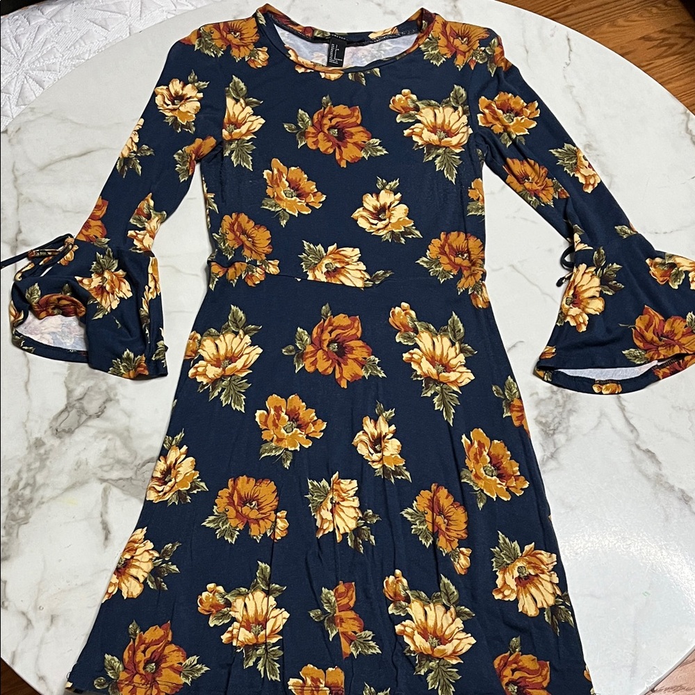 Floral A-Line Dress with Bell Sleeves - Navy & Mustard